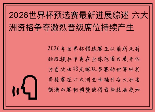 2026世界杯预选赛最新进展综述 六大洲资格争夺激烈晋级席位持续产生