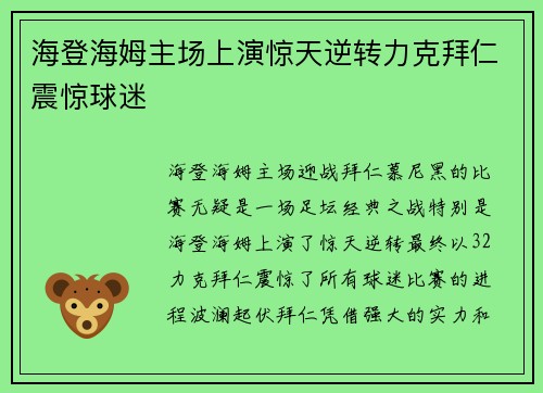 海登海姆主场上演惊天逆转力克拜仁震惊球迷 海登海姆主场上演惊天逆转力克拜仁震惊球迷